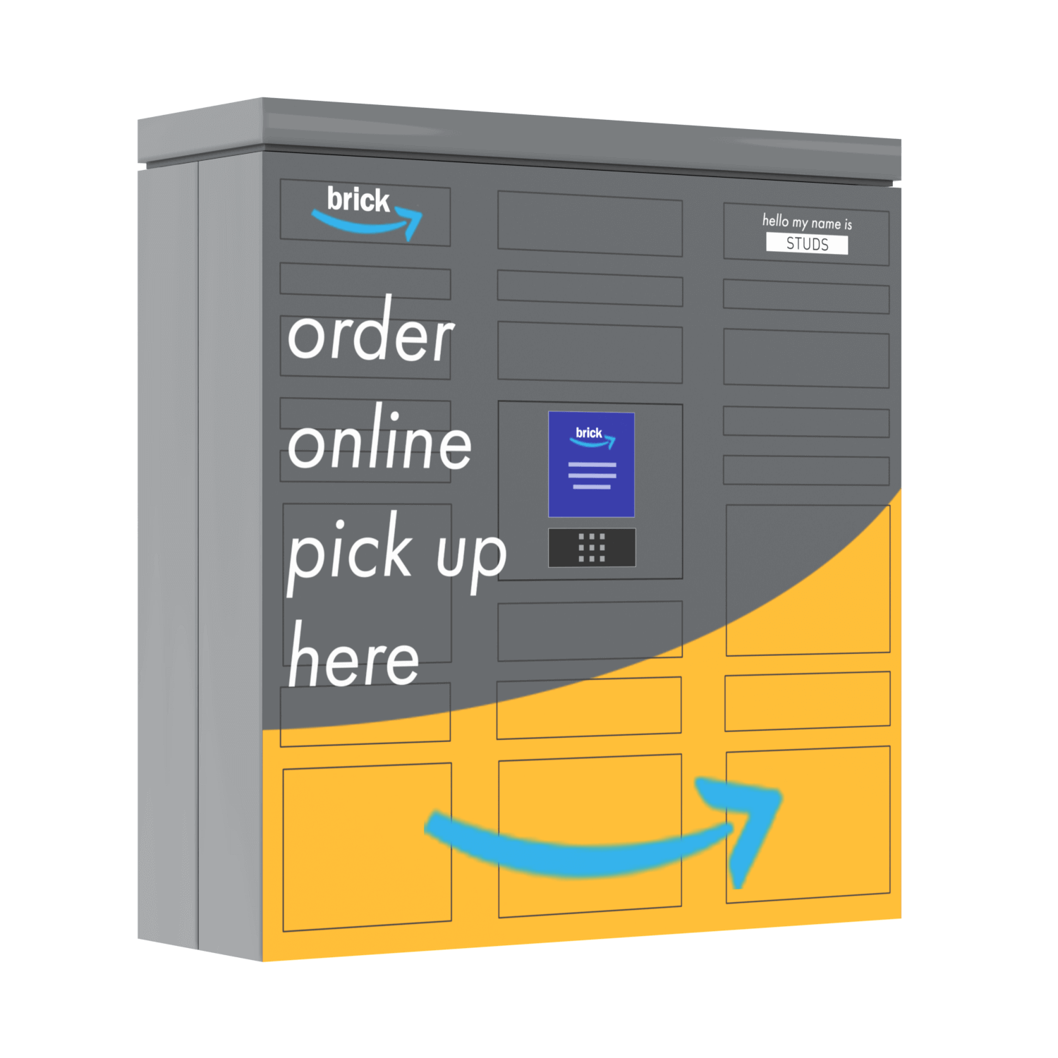 Amazon brick locker with gray top and yellow bottom, featuring interactive panel and logo.